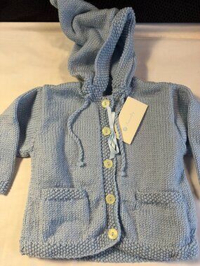 NWT Shescrafty hooded blue cardigan sweater infant size 1-2year